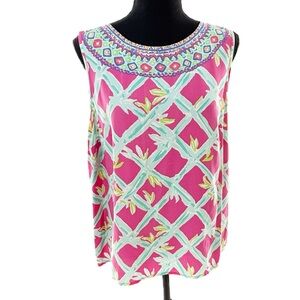 Lilly Pulitzer Iona Shell 100% Silk Back-Button Tank Top, Capri Pink, Size Large